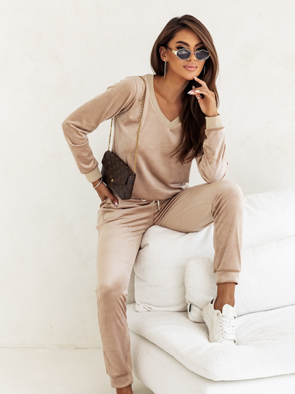 MOON KOMPLET DRES WELUROWY 012 - BEŻOWY